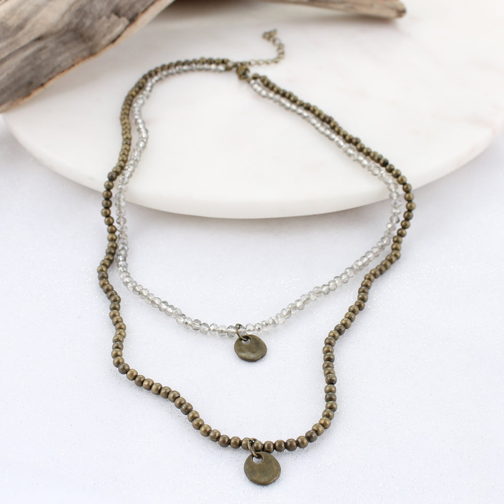 16/20" Gray Crystal & Vintage Disc Double Layer Necklace