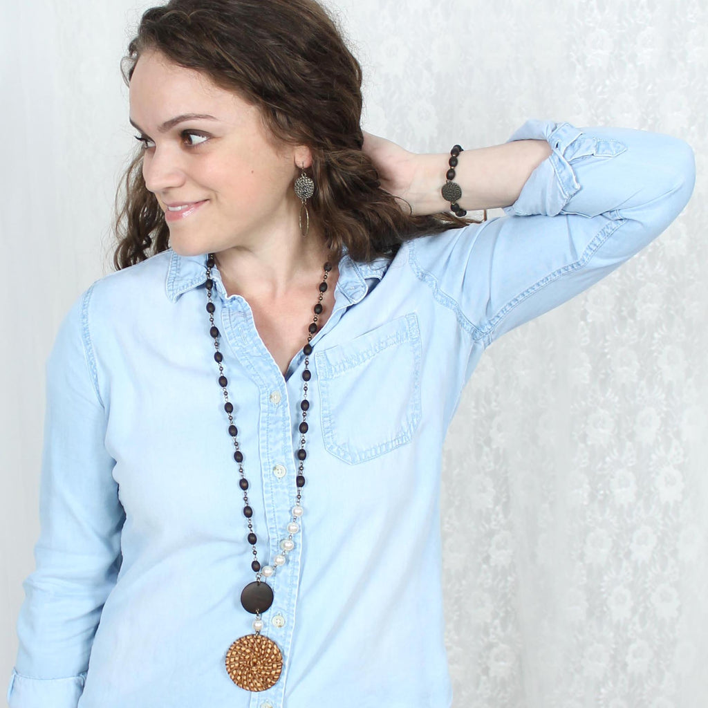 Dark Wood Bead Stretch Bracelet w/ Vintage Style Charm