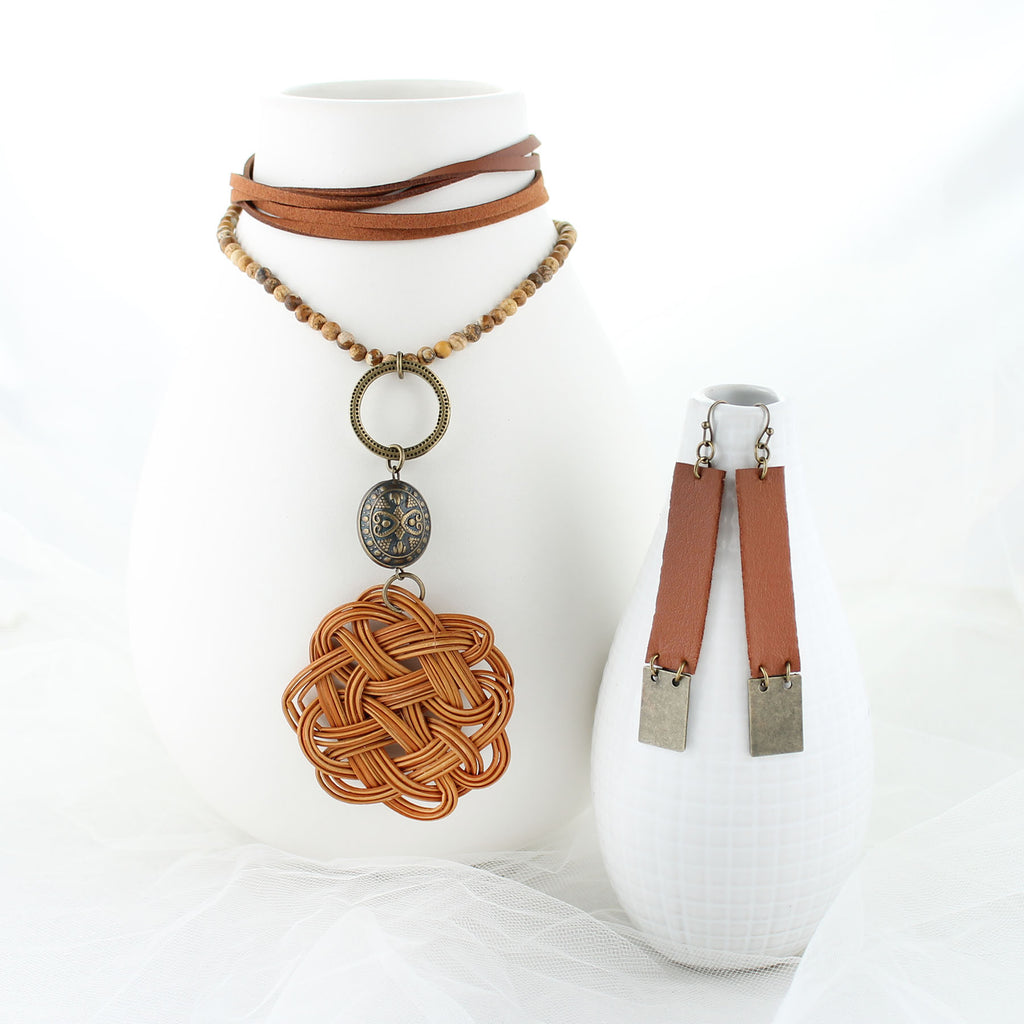 34” Stone & Leather Necklace w/ Basket Weave Pendant