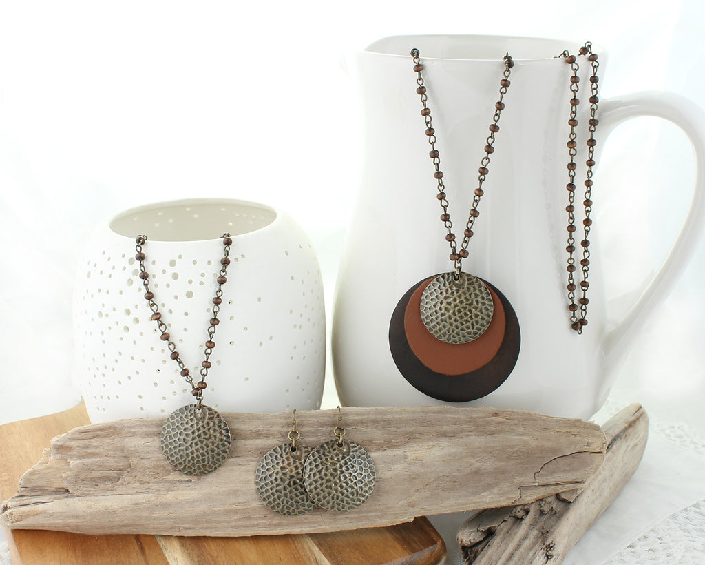 14 - 16” Wood Bead Chain Necklace w/ Vintage Hammered Disc