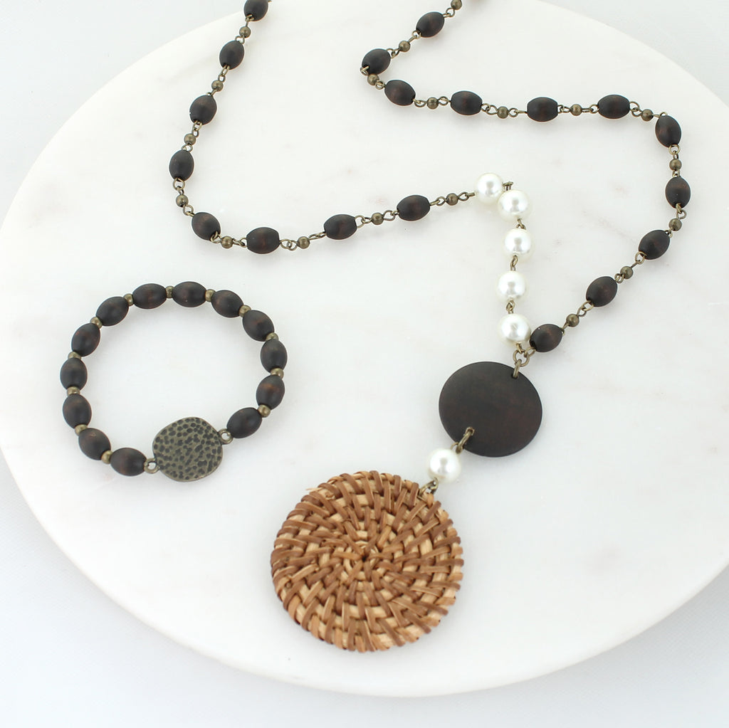 34” Dark Wood Bead Necklace w/ Wicker Pendant & Pearl Beads