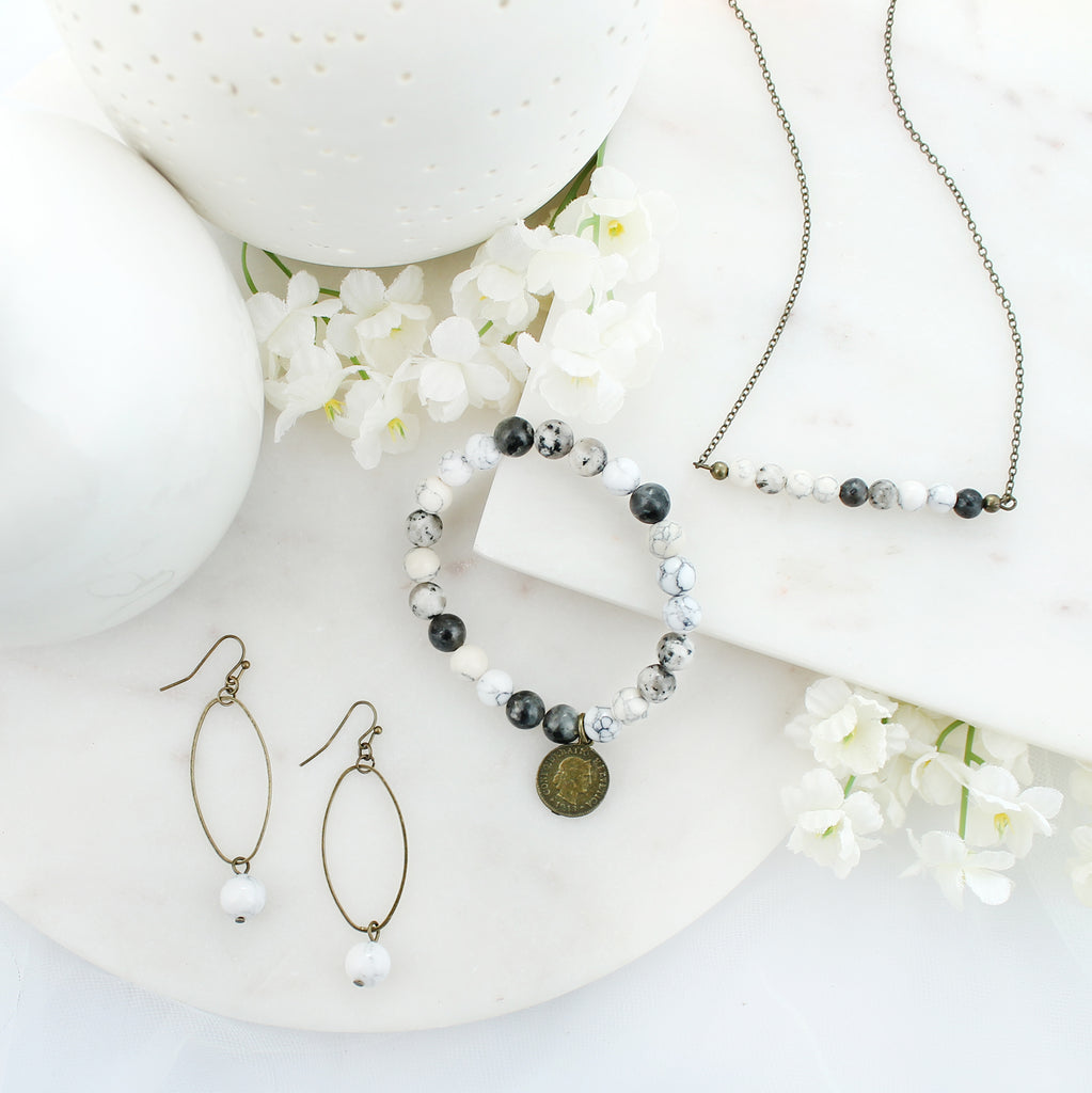 Oval & Marble Stone Bead Earrings