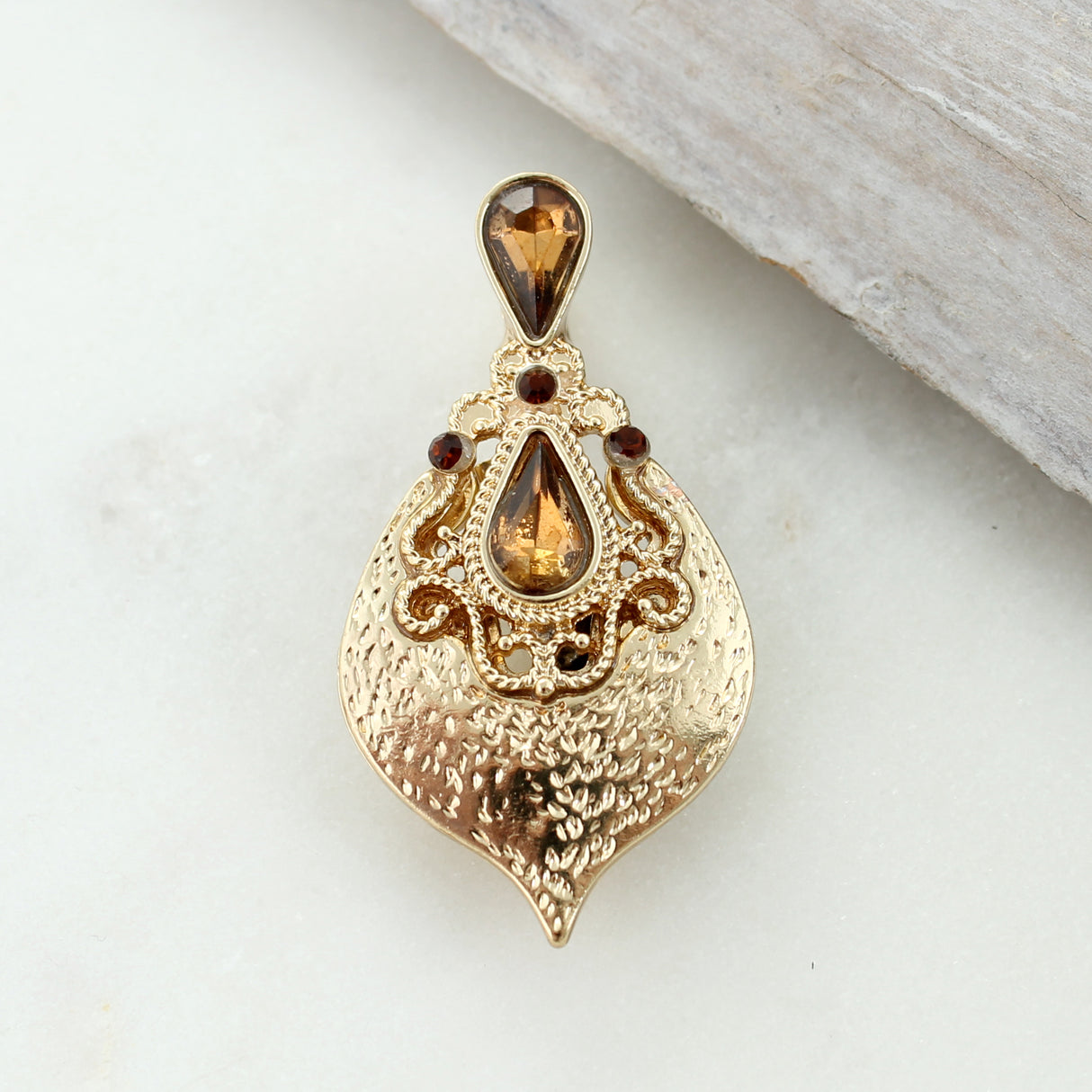 Gold Teardrop Filigree & Crystal Pendant