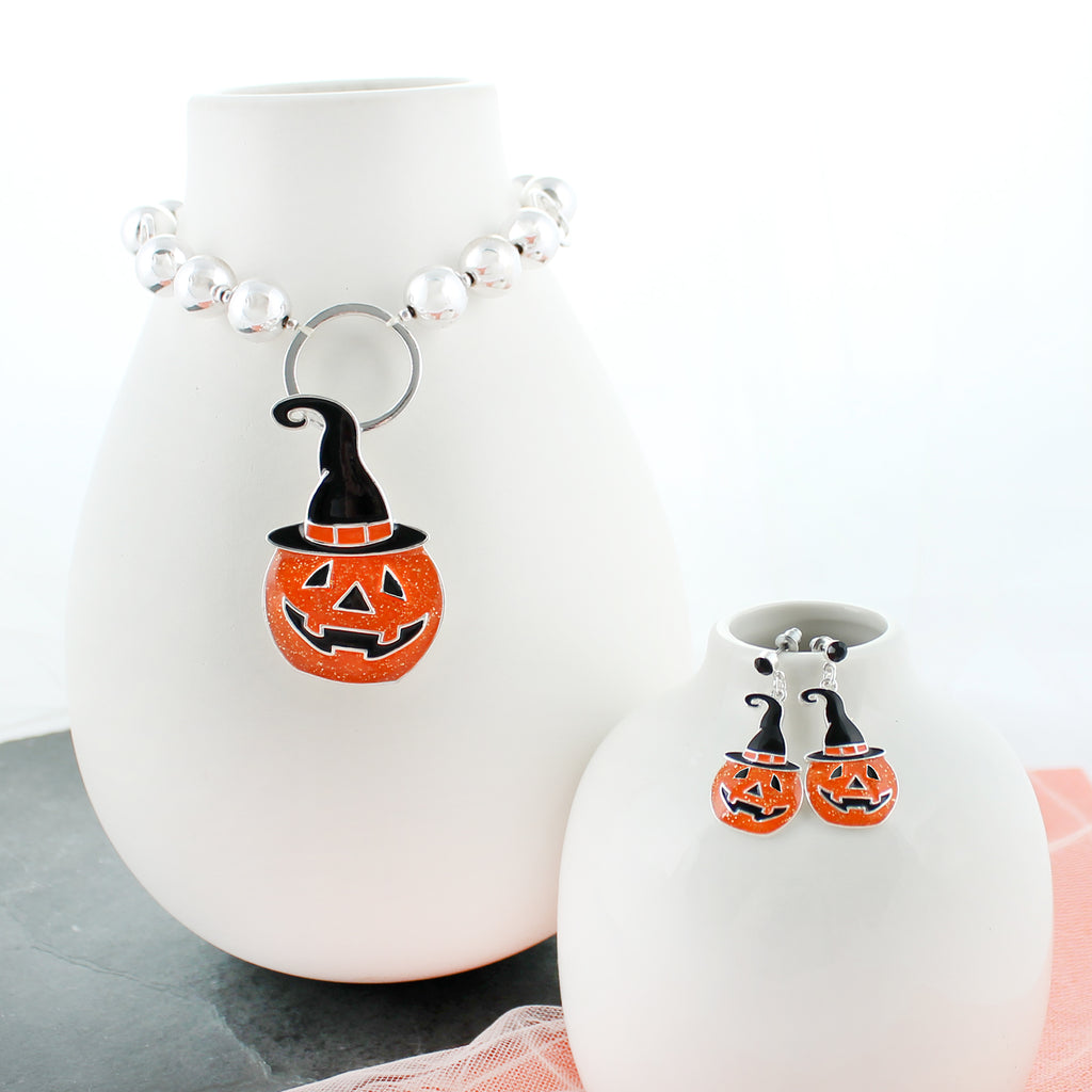 Enamel Witch Hat Jack-O-Lantern Halloween Earrings