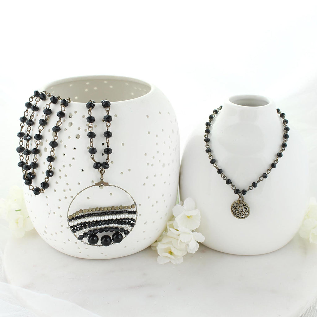 32” Black Crystal & Pearl Necklace